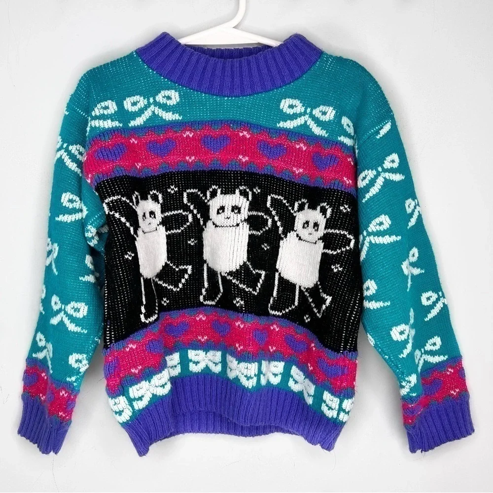 Vintage 90s Girls Panda Mock Neck Knit Sweater 5 6